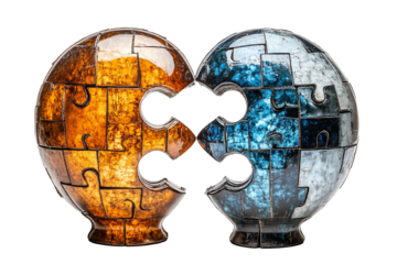 Two interlocking globe-shaped puzzles in warm and cool colors symbolizing unity and diversity, white isolate background.