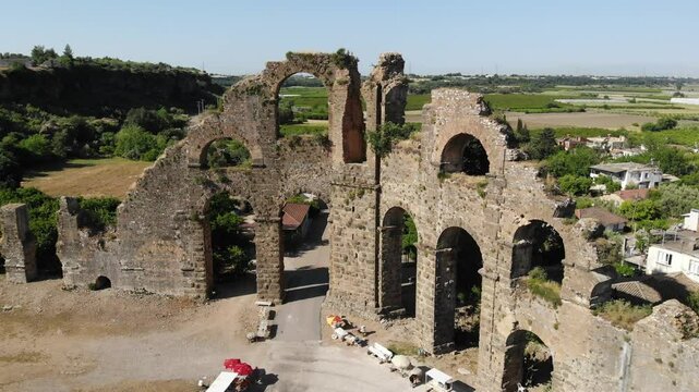 Aerial view of Aspendos aquduct remains. Ruins of aqueduct in Antalya, Turkey.