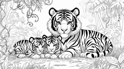Fototapeta premium A whimsical and adorable black and white coloring page featuring a mother tiger tenderly surrounded by her three cute little cubs in a lush jungle setting,