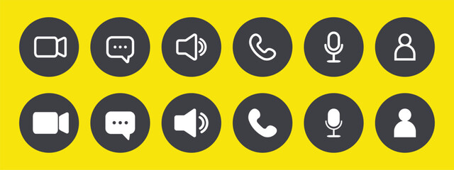 Icon Videocall. Set of video chat and user interface symbols. Phone, sound, microphone, camera, call buttons isolated on yellow background. Vector illustration in flat style.