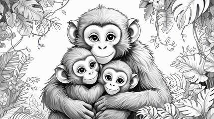 Obraz premium A whimsical black and white coloring page featuring a warm-hearted mother monkey tenderly embracing her two adorable little cubs, set against a crisp white background. 