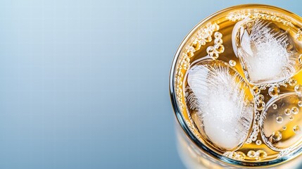 A single glass of crystal clear water filled with ice cubes on a bright sunny table