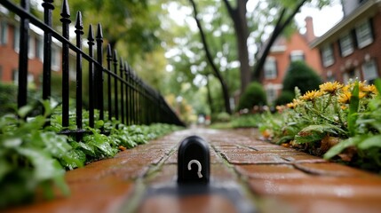 Brick pathway with question mark, residential street background.
