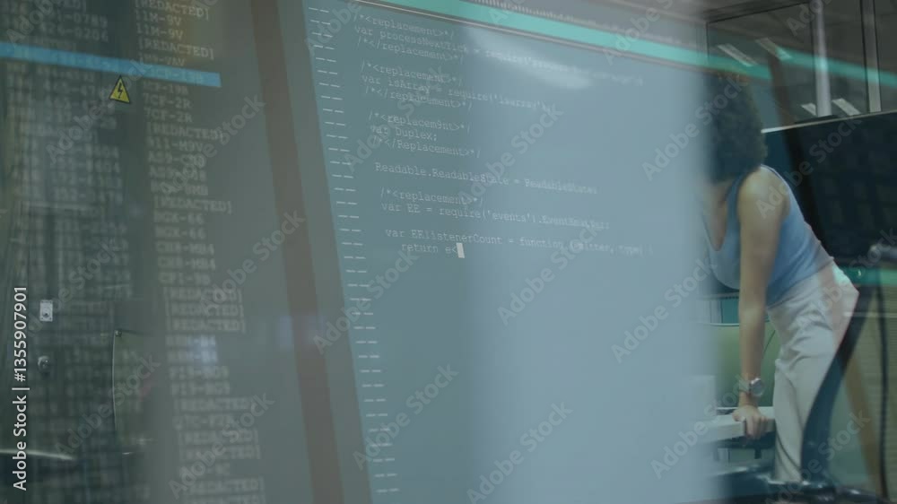 Poster woman working at computer with code and data processing animation overlay