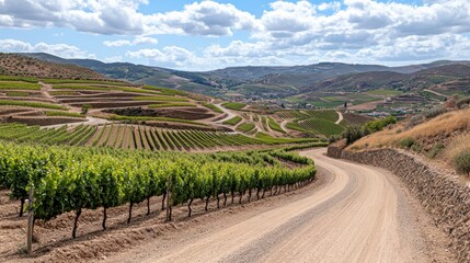 Fototapeta premium Serene Rural Landscape of Vineyards Under a Bright Blue Sky with Fluffy White Clouds