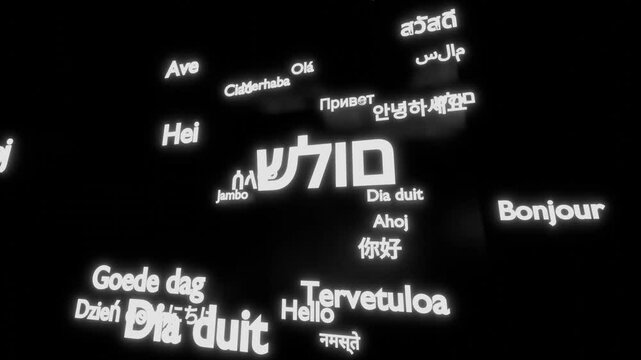 "Hello" in all the world's languages, presented as isolated animated words. A seamlessly looping word cloud, perfect for language translation and multilingual communication media.