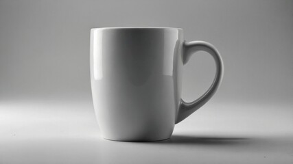 Serene Ceramic Mug: A sleek, pristine ceramic mug stands in stark simplicity, its form defined by gentle curves and a simple handle, all against a minimalist backdrop.