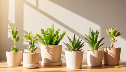 Fototapeta premium Collection of potted succulents on wooden table, home decor concept