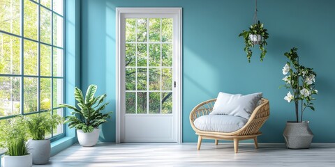 Light filled room features plants door and wicker chair