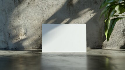 Blank poster mockup on concrete surface with plant shadow