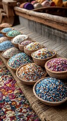 Fototapeta premium Wooden Bowls Filled With Colored Beads Sit Near Weaving Loom