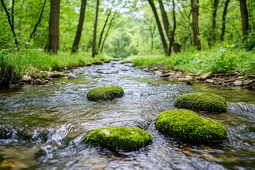 Tranquil Stream Flowing Through Lush Green Forest with Mossy Stones and Vibrant Foliage