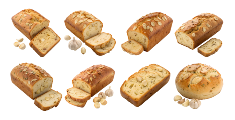 Collection rustic Garlic Anadama Bread set, isolated on white transparent background, PNG cutout with crispy crust and soft texture