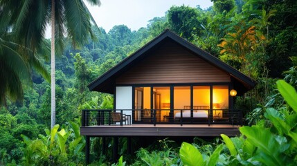 A handcrafted wooden house blending into a tropical rainforest