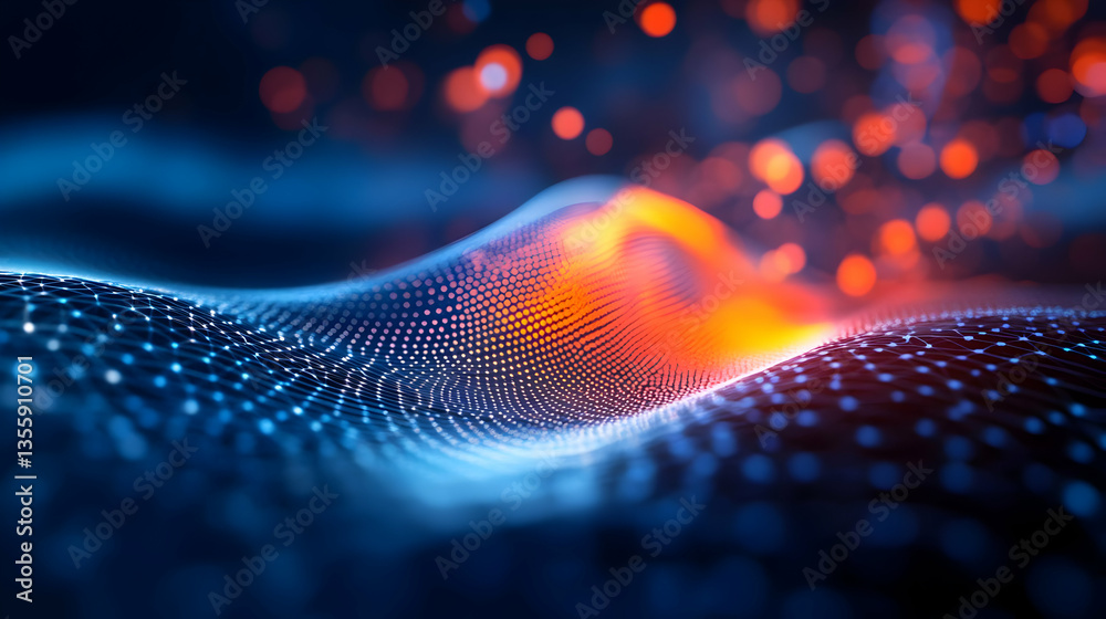 Poster abstract digital background featuring glowing waves of particles creating a mesmerizing visual exper