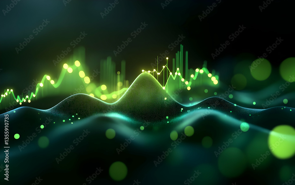 Poster abstract digital illustration of glowing green wave patterns and data visualization elements represe
