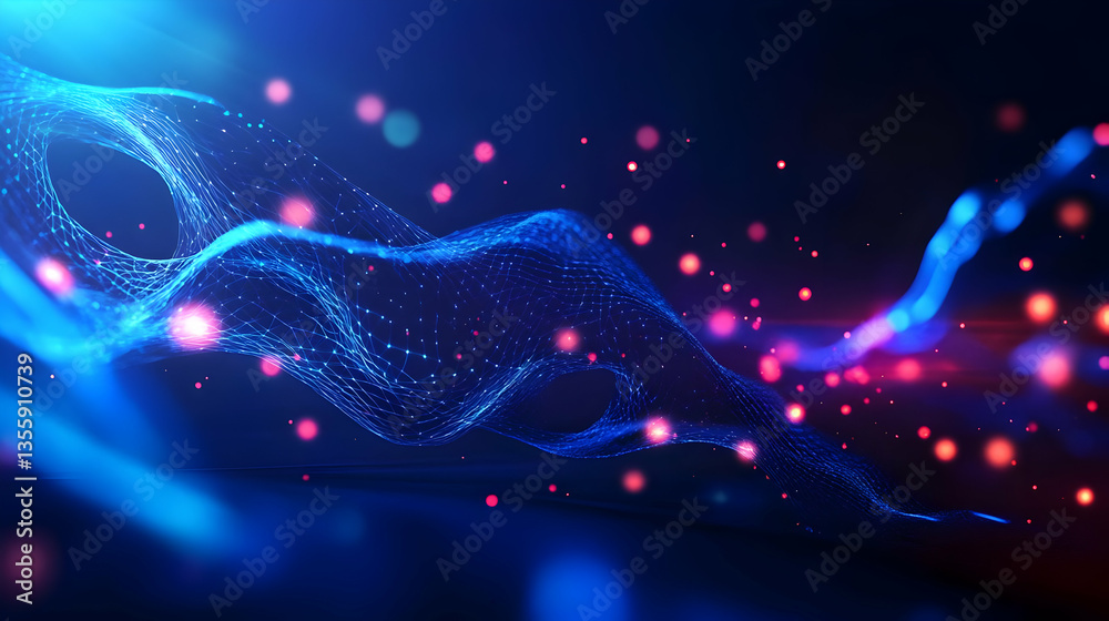 Canvas Prints abstract digital background with flowing waves of light and vibrant particles in blue and pink hues.