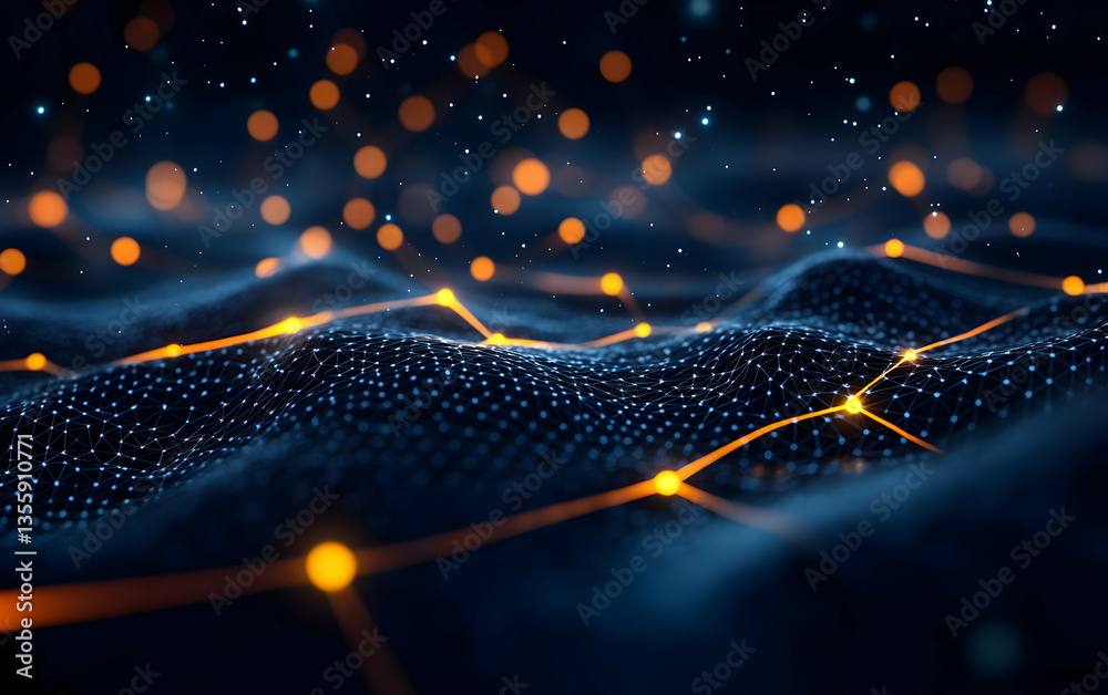 Poster abstract digital landscape with glowing dots and lines, representing data flow and connectivity in c