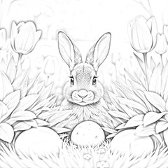 Obraz premium Black and White Easter Bunny with Eggs and Tulips Coloring Page