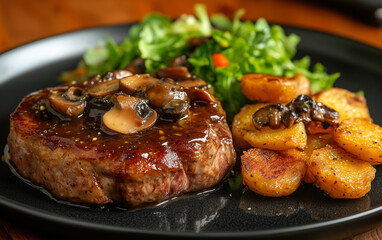 Filet Mignon with Mushroom Sauce, Roasted Potatoes, and Green Salad on Black Plate