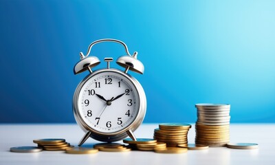 Time and money concept with alarm clock and coin stacks on blue background