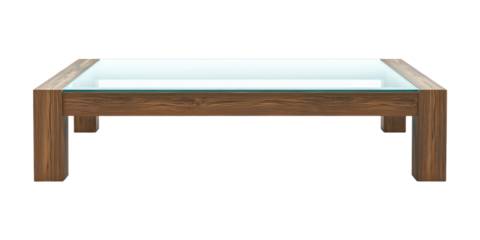 Wooden center table with square glass top for placing items, simple design, isolated on white background.