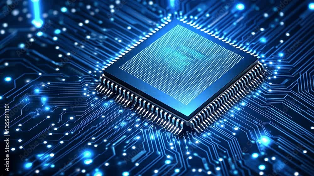 Poster illuminated chip: a mesmerizing view of a computer chip, showcasing the intricate network of circuit