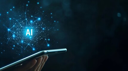 Hand Holding a Tablet with Glowing AI Hologram on Dark Background.