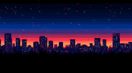 Pixelated Cityscape At Sunset