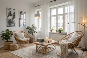 Scandinavian Living Room with Rattan Chairs – Cozy Minimalist Interior Design.