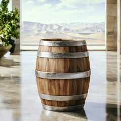 Fototapeta premium Rustic wooden barrel on display surrounded by nature highlighting its timeless craftsmanship and beauty