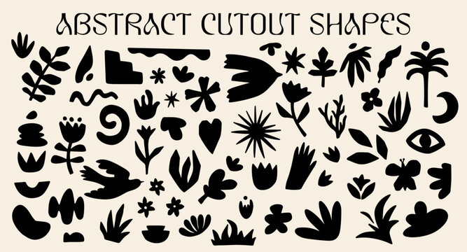Abstract cutouts shapes design elements set with vector illustration of different types exotic leaves and flowers, tropical plants, birds, folk nature objects, geometric silhouette in boho aesthetic