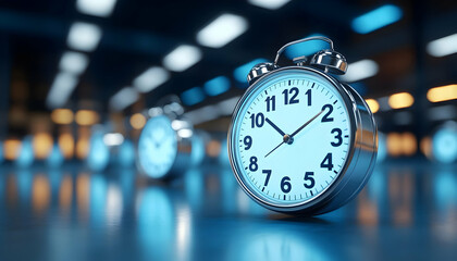A close-up view of a vintage alarm clock, symbolizing time management and productivity in a modern workspace setting.