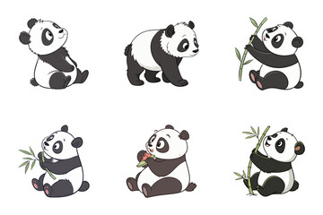 Cute Panda vector collection, cute Panda playing, cute Panda eating isolated on white background.