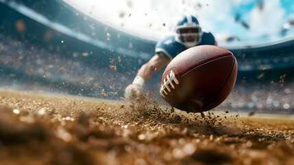 A dynamic action shot of a football player diving for the ball, showcasing athleticism and excitement in a stadium.