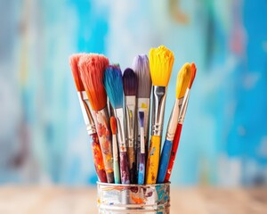 Fototapeta premium Assortment of paintbrushes in colorful container on wood table against abstract background