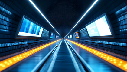 Obraz premium A dynamic view of a modern subway tunnel illuminated by vibrant lights, showcasing the sleek lines of transportation.