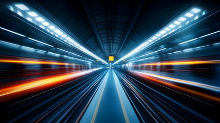 A dynamic view of a subway tunnel with lights and motion, showcasing the speed and energy of urban transportation.