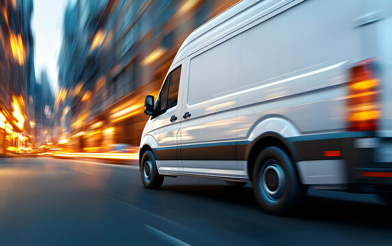 A dynamic shot of a delivery van speeding through a city street, capturing the essence of urban transportation and logistics.
