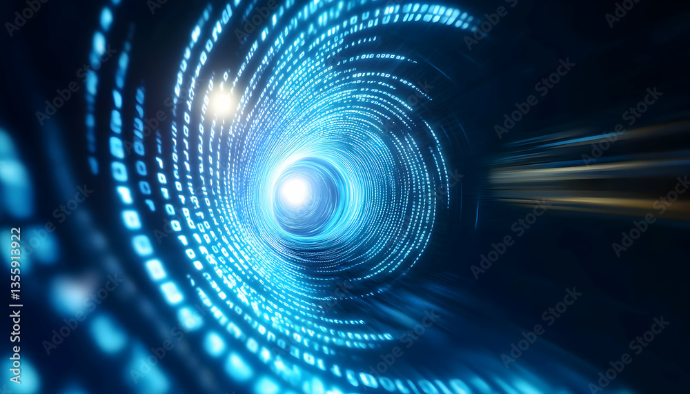 Poster a futuristic digital tunnel filled with glowing binary code, illustrating the concept of advanced te