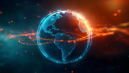 A futuristic globe with glowing lines illustrating global connectivity and technology advancements. A dynamic representation of our world.