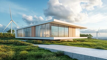 Obraz premium Modern Sustainable Hilltop House with Wind Turbines