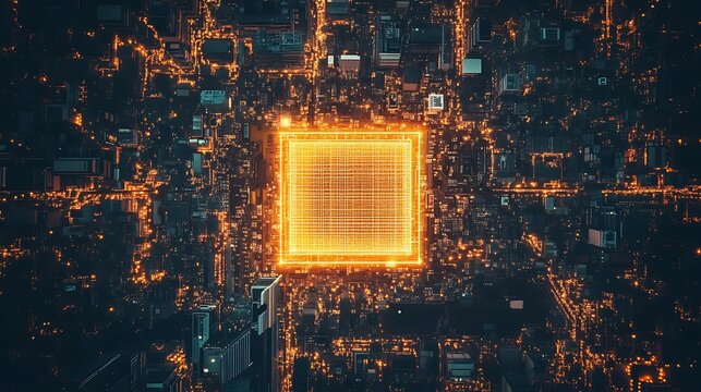 A digital glowing circuit board with a central processing unit