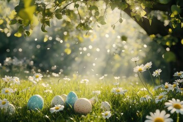 Easter eggs hidden in spring grass on a fuzzy bright background .