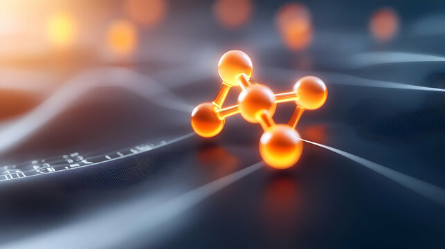 A striking close-up image of an abstract molecular structure with glowing atoms, representing innovation in chemistry and technology.