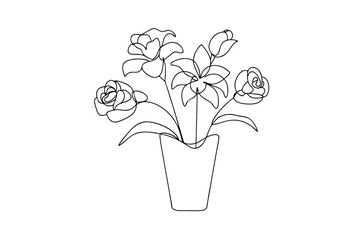 Elegant Line Art Flower Bouquet in Simple Pot Drawing