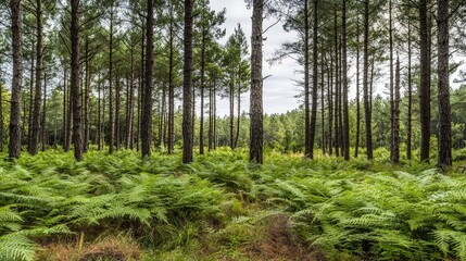 Obraz premium Serene Pine Forest with Lush Ferns Nature Photography