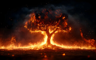 A stunning visual of a burning tree, depicting the destructive power of fire and its impact on nature and the environment.