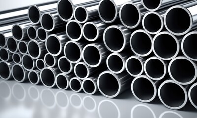 Closeup of shiny industrial metal pipes organized in stacks on reflective surface