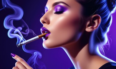 Fototapeta premium Elegant woman with purple makeup exhales smoke in dramatic lighting